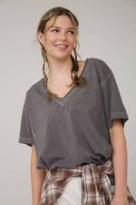 Daily Washed Raw Edge V Neck T Shirt