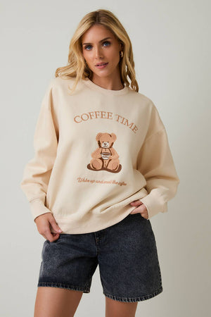 Teddy Bear “ Coffee Time “ Embroidered Sweatshirt