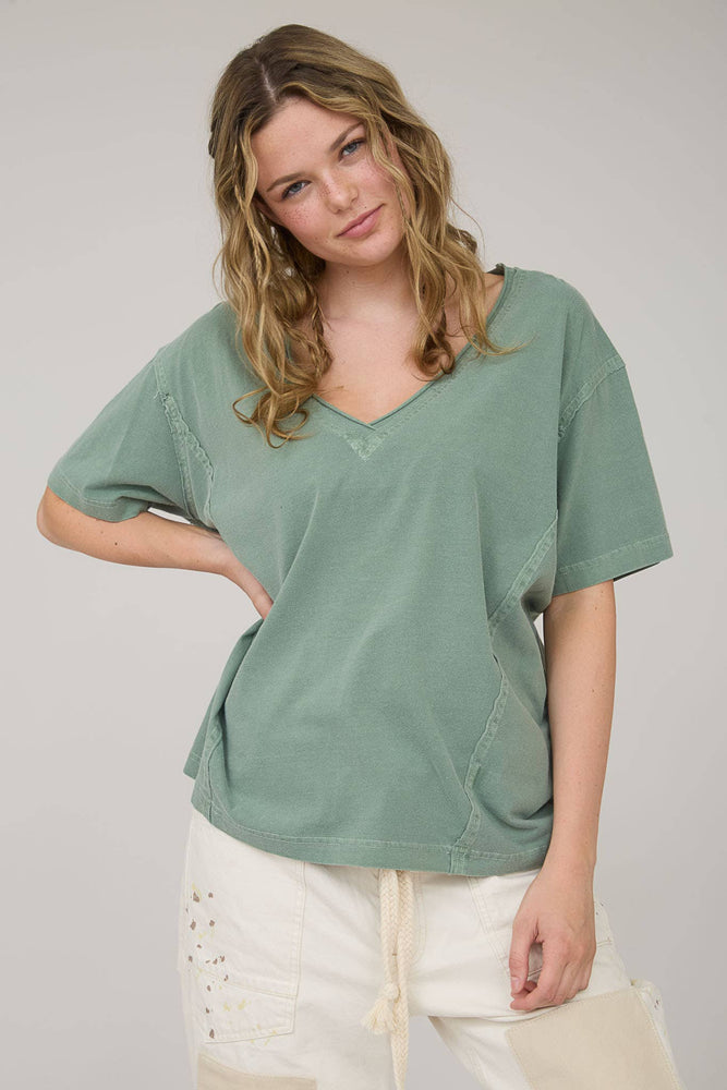 Daily Washed Raw Edge V Neck T Shirt
