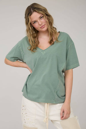 Daily Washed Raw Edge V Neck T Shirt