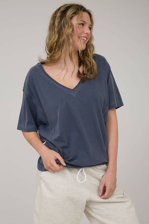 Daily Washed Raw Edge V Neck T Shirt